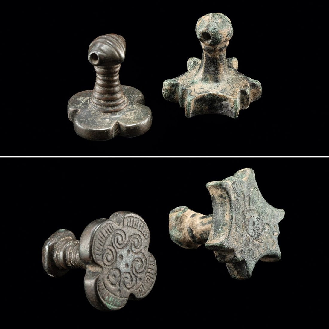 Two Ancient Anatolian Hittite Bronze & Copper Stamp Seals: Near East, Anatolia, Hittite Empire, ca. 1650–1200 BCE. A pair of cast copper alloy stamp seals in the ancient Hittite form. The first has a quatrefoil face engraved with scrolled spirals around