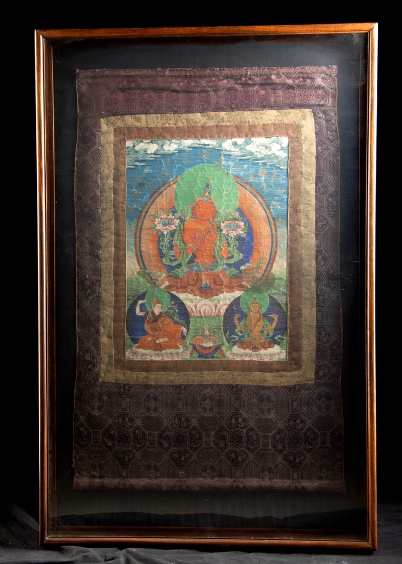 19th C. Tibetan Thangka Amitayus 'Boundless Life' with Flanking Figures (1 of 2)