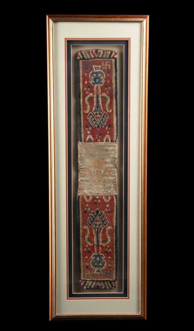 Chinese Qing Buddhist Textile, Wool & Silk Brocade, Framed: Ca. 1800–2000 CE. East Asia, China, late Qing Dynasty, ca. 19th to early 20th century CE. A composite textile - possibly a Buddhist altar hanging, temple banner, or ritual decoration - comprisin