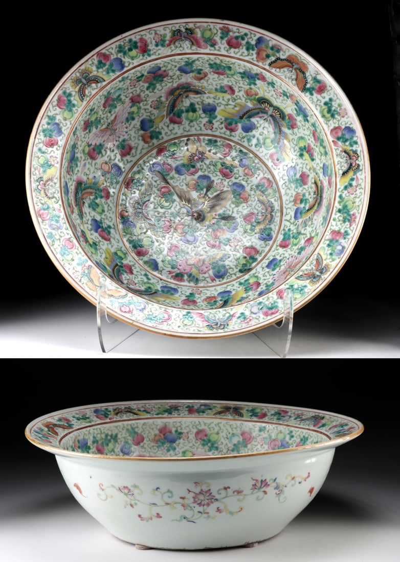 18th C. Chinese Kangxi Porcelain Bowl w/ Butterflies: Ca. 1700–1800 CE. East Asia, China, Qing Dynasty, ca. 18th century CE. A large and exquisite porcelain bowl or wash basin, adorned with vibrant enamel decorations of butterflies atop scrolling v