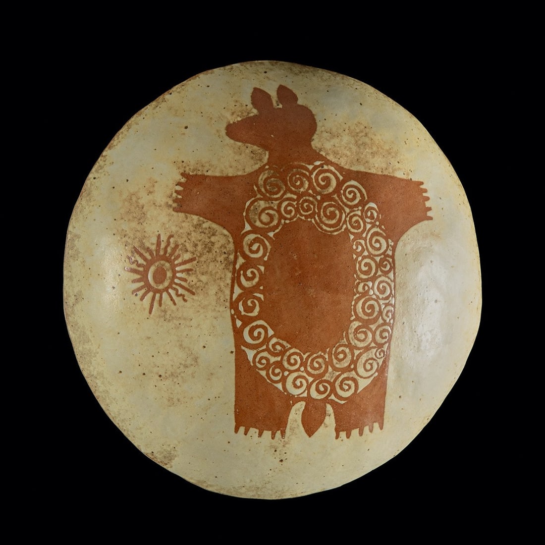 Larry Carnes Studio Pottery Bowl - "Bear Spirit Moon": Larry E. Carnes (American / Native American, active XX to XXI century). "Bear Spirit Moon" painted pottery bowl, n.d. Signed on verso. A broad, low-shouldered stoneware bowl whose pale, sand-toned gro
