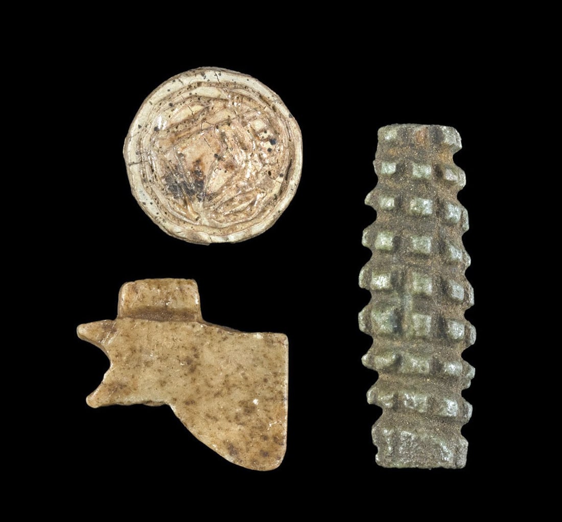 Egyptian Faience / Stone Beads & Amulets (3 pcs): Ca. 1725–332 BCE. Egyptian, Second Intermediate Period to Late Dynastic Period, 14th to 31st Dynasty, ca. 1725 to 332 BCE. This is a fine collection of 3 faience and stone beads and amulets from