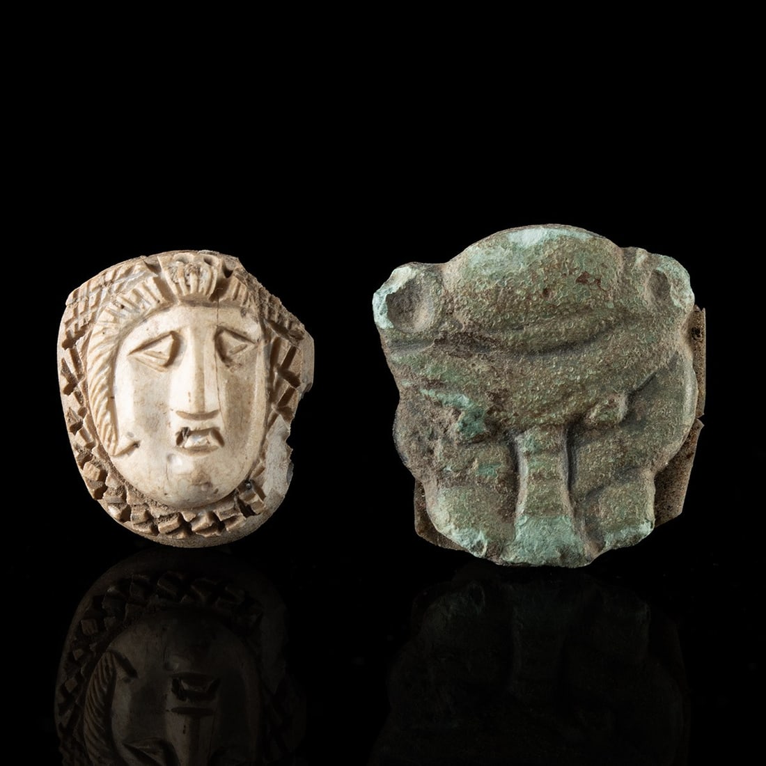 Two Egyptian Faience Heads of a Woman & a Lion (1 of 2)