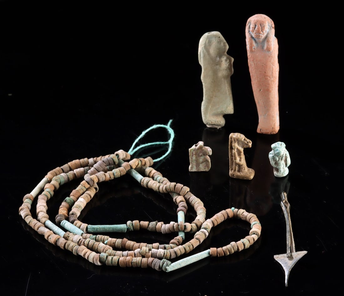Egyptian Faience Necklace w/ 5 Amulets & Roman Tool (1 of 2)
