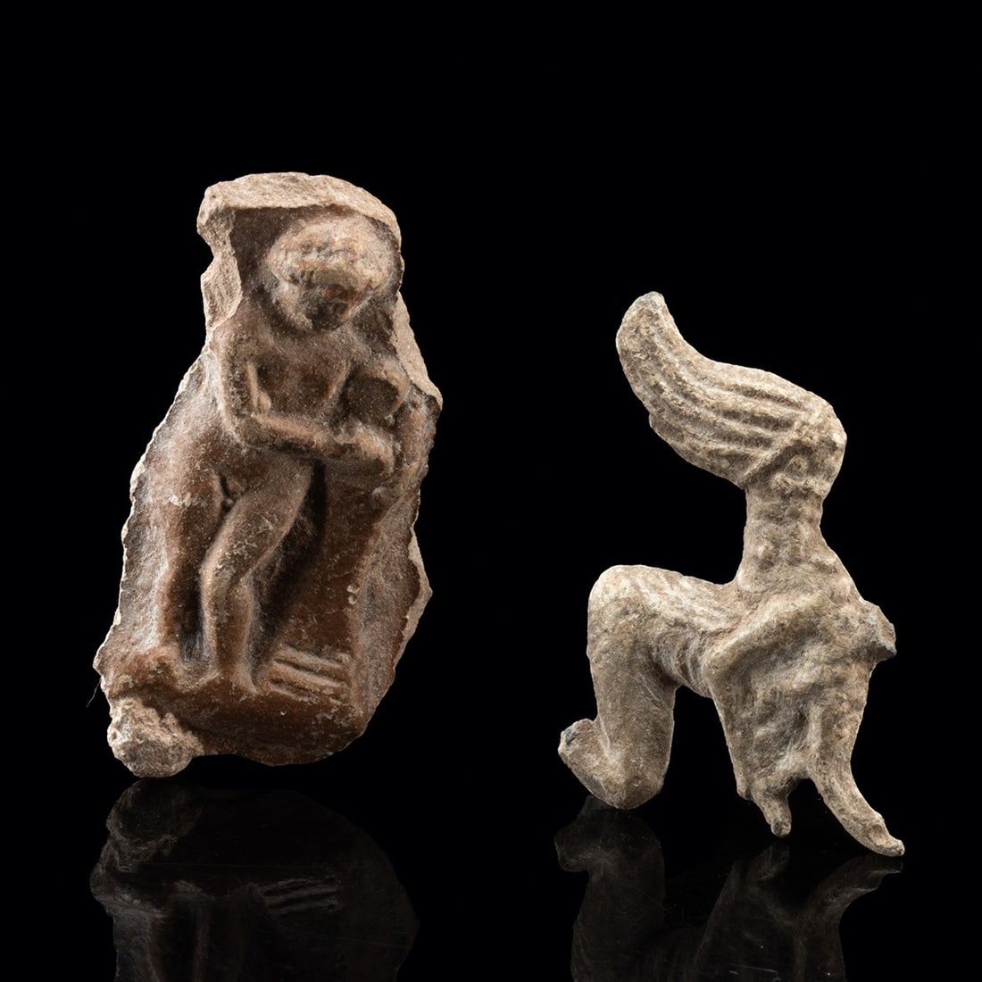 2 Ancient Relief Figures - Roman Apollo & Scythian Nike: Roman, Imperial period; and Eastern Europe, Pontic steppe, Scythian culture, ca. 700 BCE – 100 CE. A pairing of two miniature relief figures drawn from opposite ends of the classical world. The 