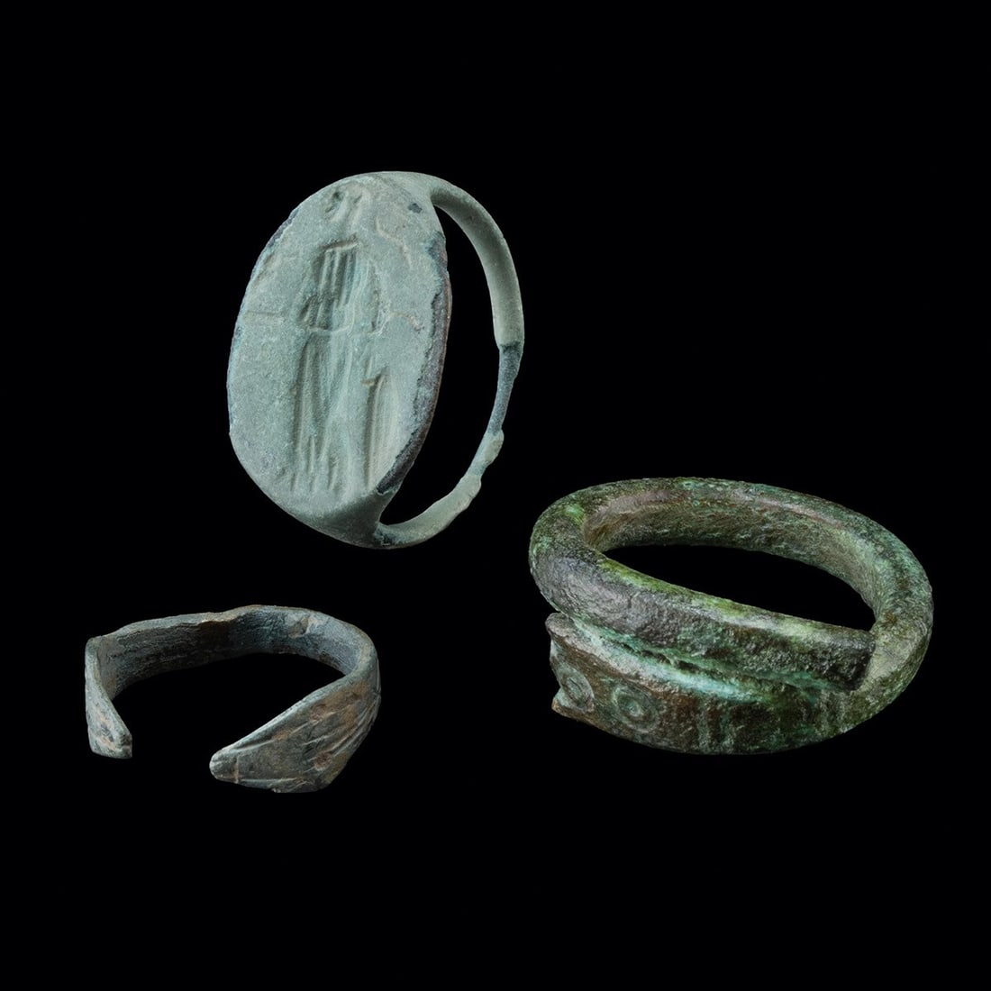 Roman Ring Group, Minerva Bezel and Serpent Forms, 1st-3rd C. CE, Set of 3 (1 of 2)