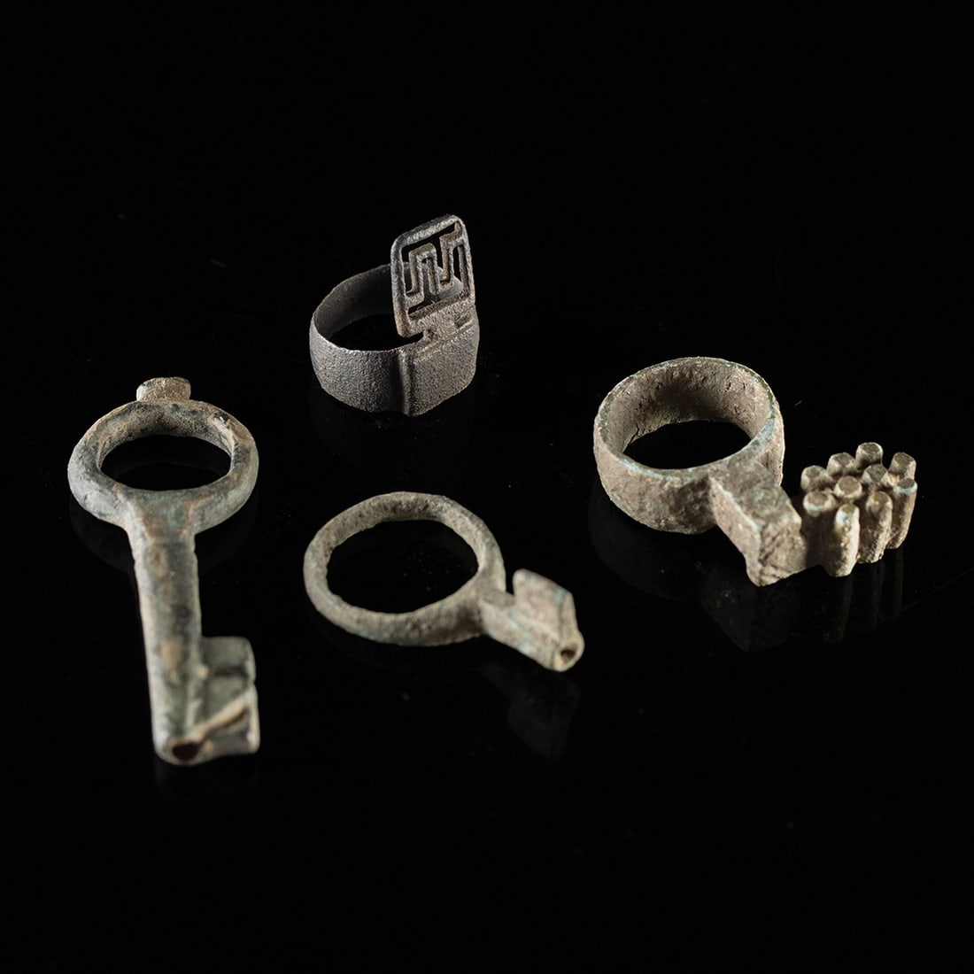 Four Roman Key Rings and Lock Keys: Roman, Imperial to Late Roman period, ca. 100–400 CE. A quartet of small ancient keys, each built around a finger loop so that the owner could carry a lock's answer on the hand rather than at th