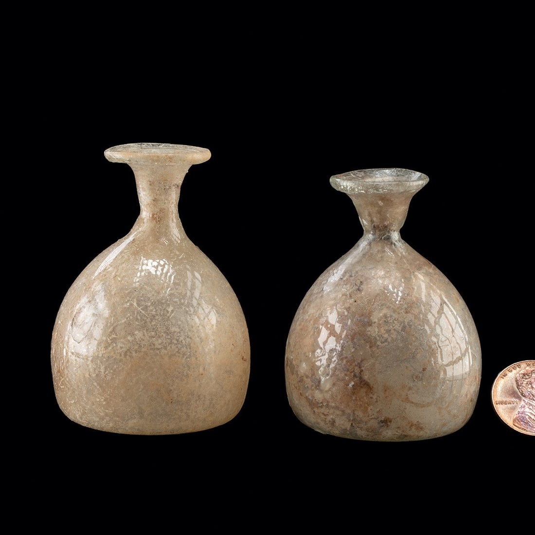 2nd C. Roman Glass Miniature Unguentaria, Pair - Iridescent Bulbous Flasks (1 of 4)