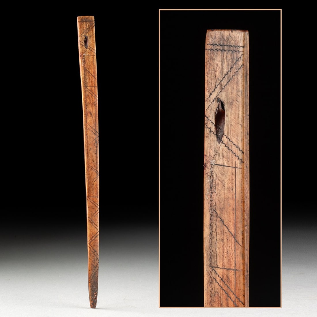 Late Roman to Byzantine Bone Needle with Incised Chevrons: Eastern Mediterranean, Late Roman to Byzantine, ca. 300–800 CE. A slender shaft of polished bone, tapering from a flattened, squared head to a fine point, its pale surface warmed to a honeyed ru