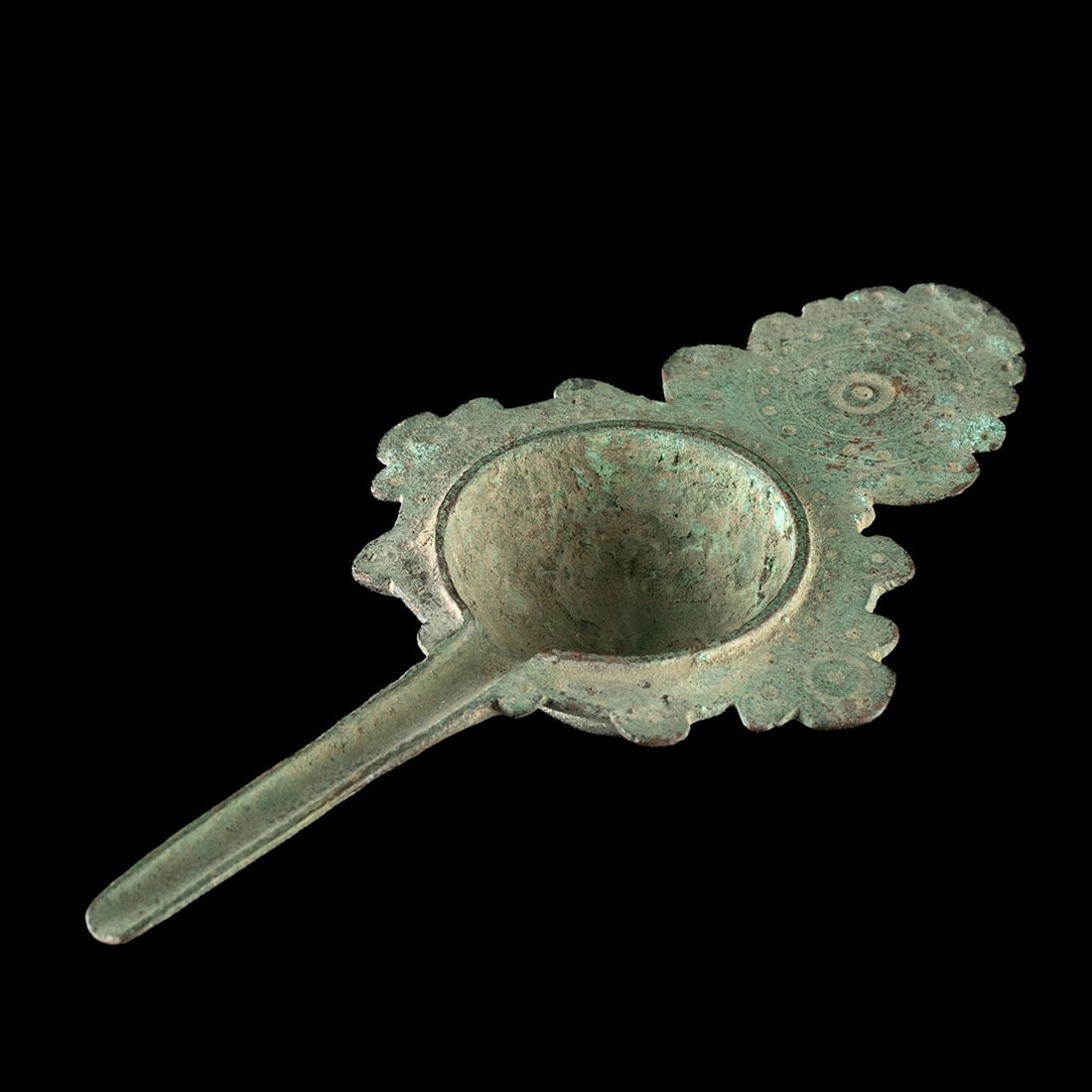 Late Roman to Byzantine Bronze Oil Lamp Filler: Eastern Mediterranean, Late Roman to Byzantine, ca. 300–700 CE. A cast leaded bronze implement built for a single patient task: charging the fuel chamber of an oil lamp without spilling. The bod