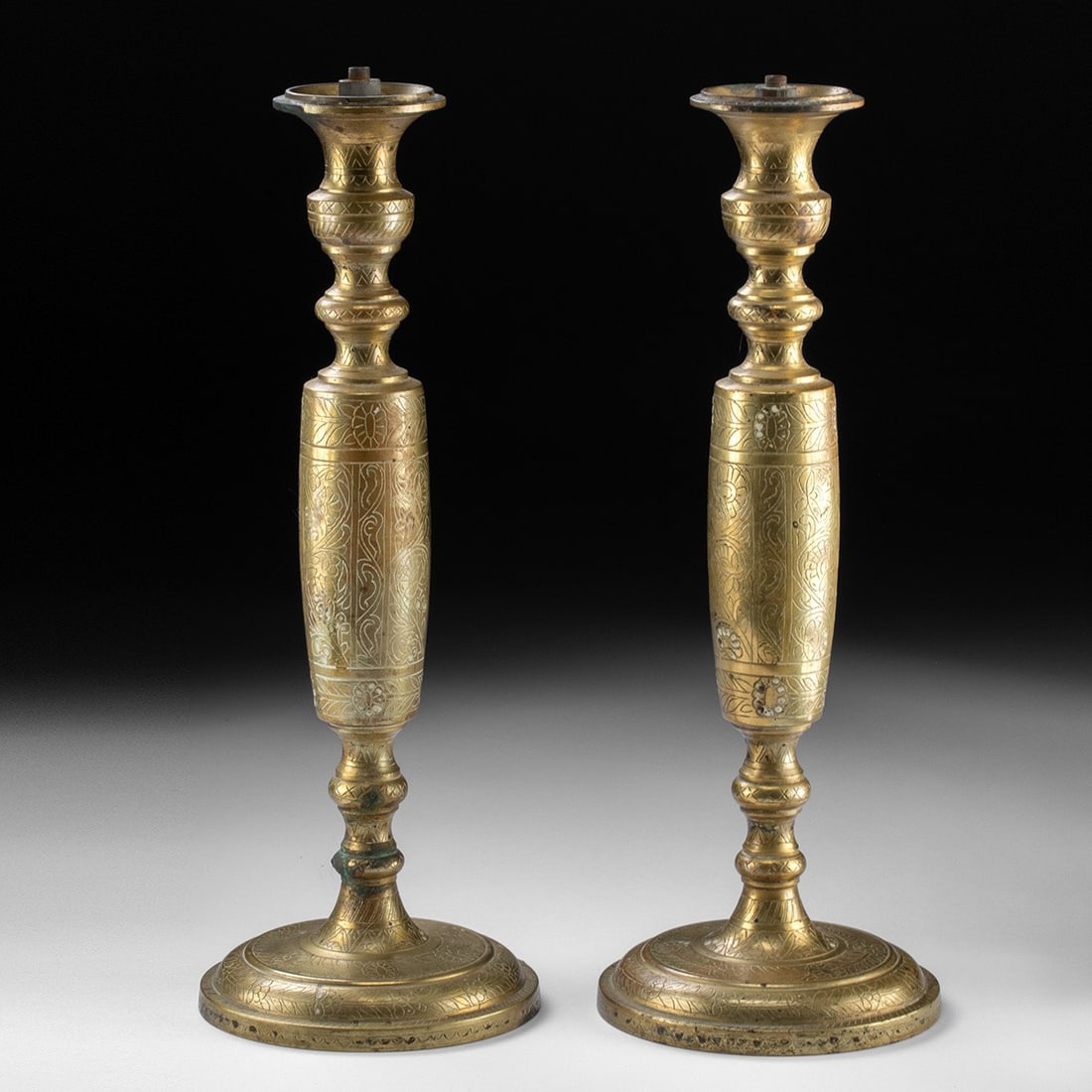 Pair of Late 19th C. Persian Engraved Brass Candlestick Lamps (1 of 3)