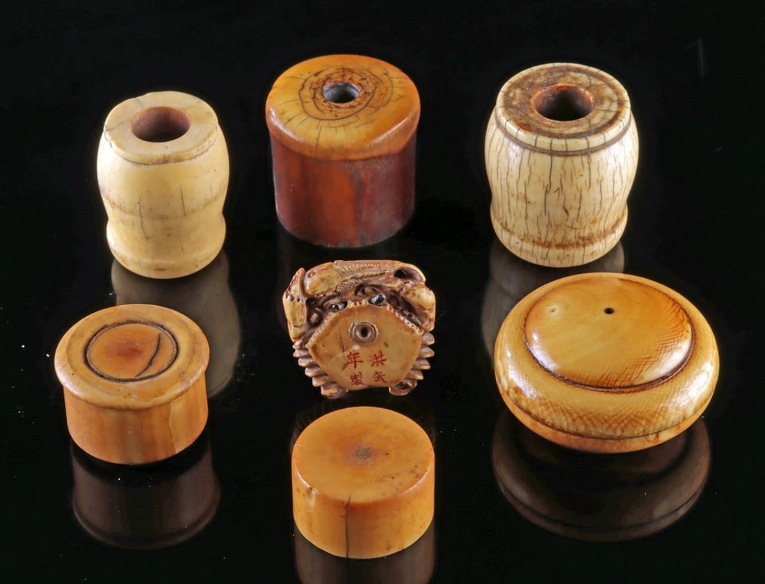 Chinese Qing Dynasty Ivory Smoking Pipe Fittings, 8 pcs (1 of 2)