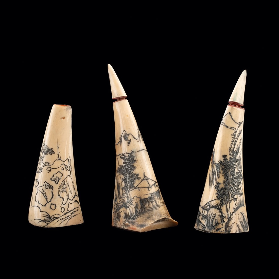3 Chinese Hornbill Snuff Bottles | Etched Peony, Landscape Scenes: East Asia, China, Qing Dynasty, ca. 19th to early 20th century CE. A set of three snuff bottles fashioned from hornbill beaks, each of tapering horn form and finely etched with Chinese scenes: one wit