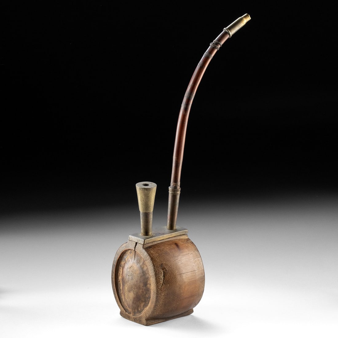 19th C. Chinese Bamboo & Brass Tobacco Water Pipe - Qing Era: East Asia, China, late Qing Dynasty, ca. 19th to early 20th century CE. A tobacco water pipe featuring a bamboo reservoir with brass fittings. The brass components include a conical bowl and a stem ho