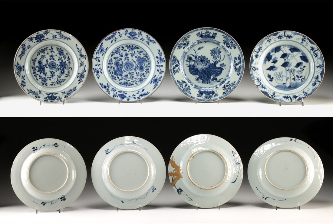 4 Chinese Qing Dynasty Blue on White Porcelain Dishes: Ca. 1800–1900 CE. East Asia, China, Qing Dynasty, ca. 19th century CE. A charming set of four blue-on-white porcelain dishes, each hand-painted in cobalt beneath a clear glaze. The shallow basin