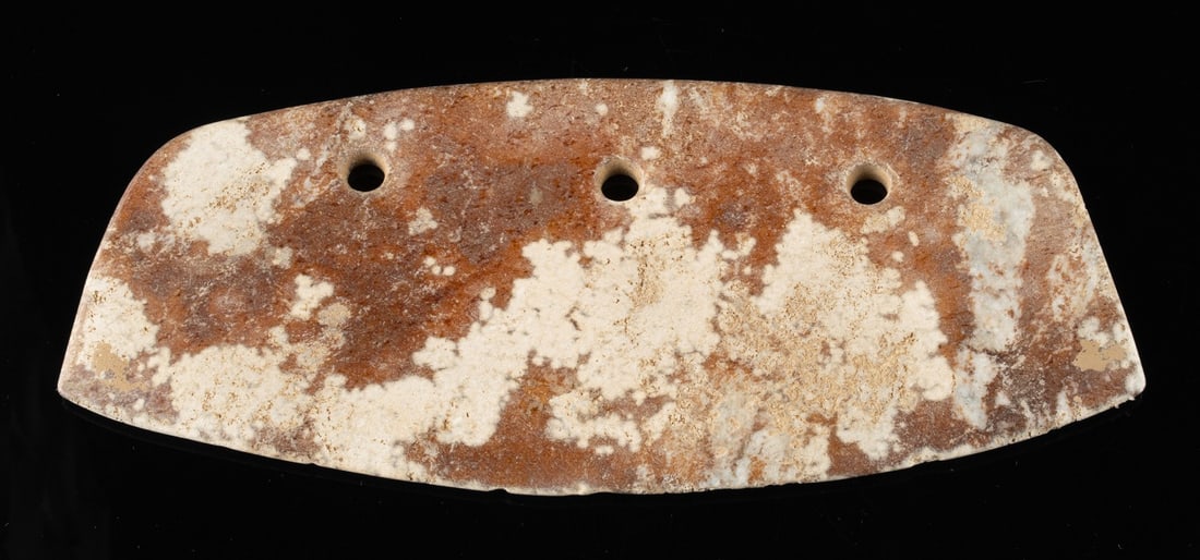 Chinese Neolithic Revival Red Stone Ceremonial Blade: Ca. 1901–1934 CE. East Asia, China, late Qing to Republic period, ca. early to mid-20th century CE. A blade carved from a reddish stone, inspired by Neolithic yue axes and early Shang-Zhou blade