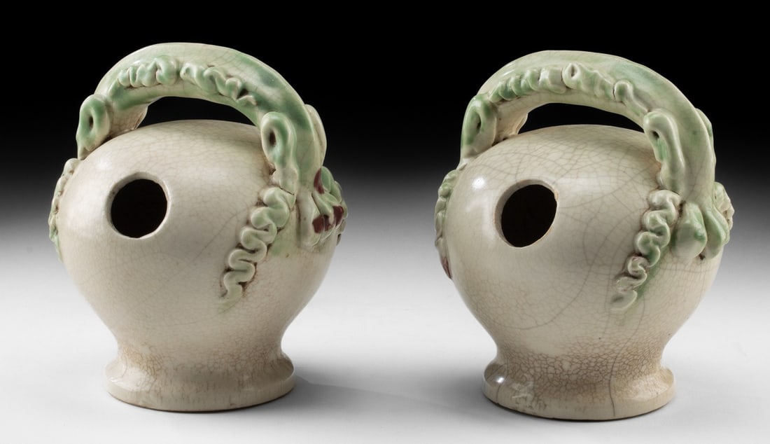 Pair of 16th C. Anamese Glazed Stoneware Lime Pots: Ca. 1500–1600 CE. Southeast Asia, Vietnam, Anamese (sometimes Annamese), ca. 16th century CE. A delightful pair of stoneware lime-pots or binh voi, both displaying a globular body and a vine-for
