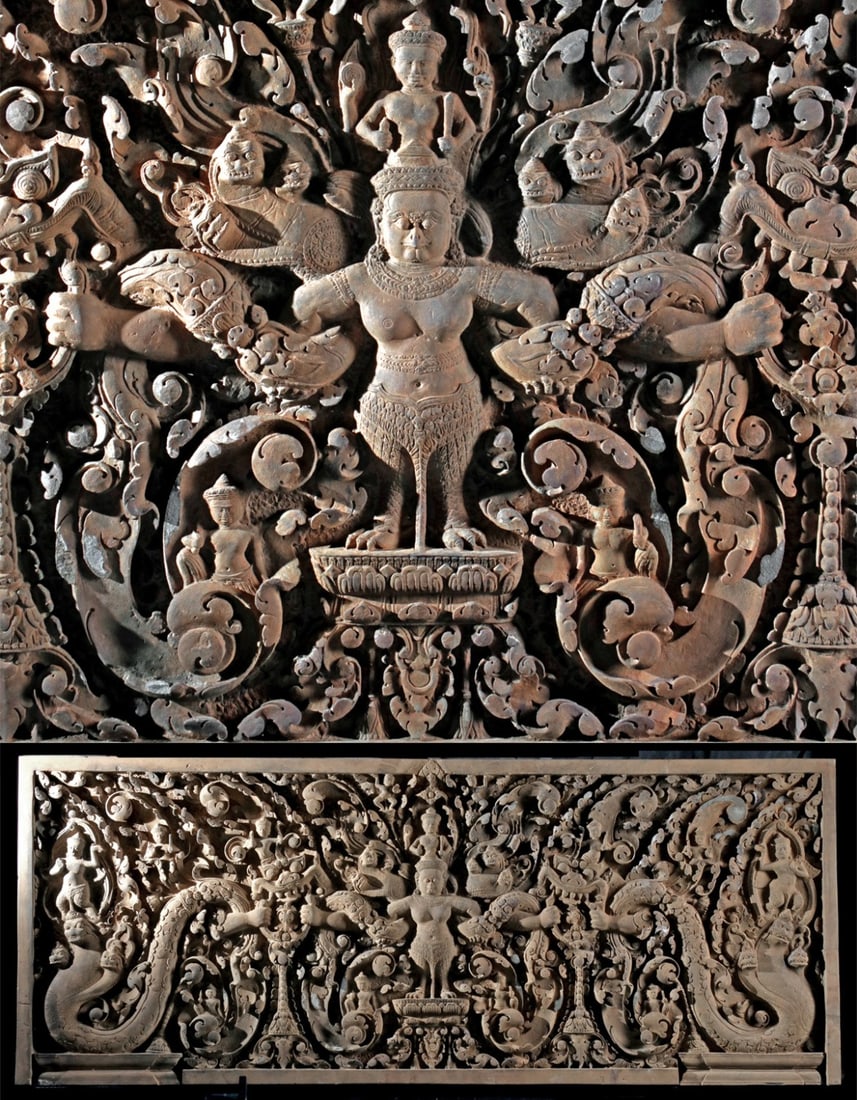 Large Cambodian Stone Lintel - Vishnu on Garuda: Ca. 1900–2000 CE. Southeast Asia, Cambodia, in the style of the Preah Ko period (late 9th century CE), ca. 20th century CE. A monumental stone relief lintel of extraordinary scale and craftsmans