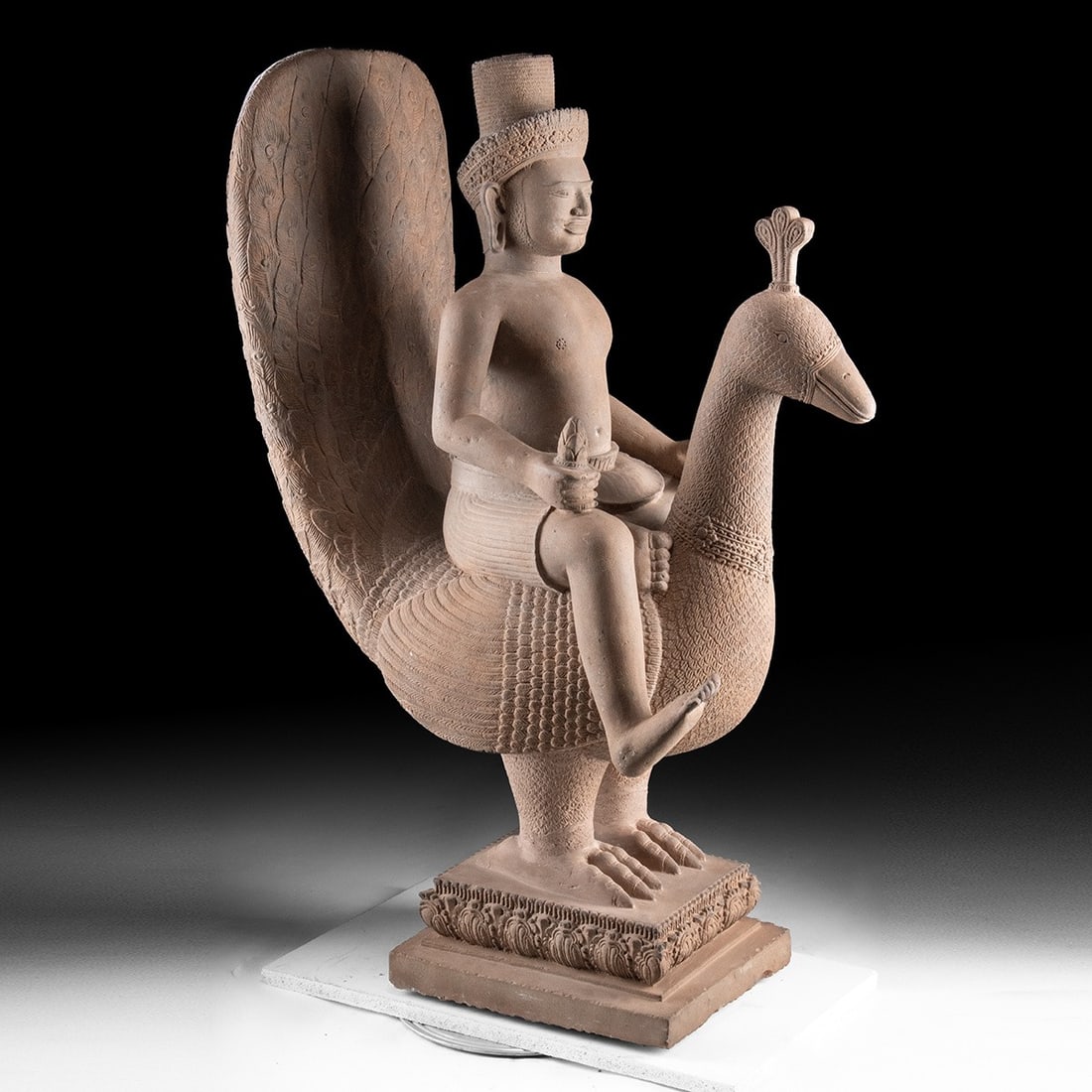 Cambodian Sandstone Skanda on Peacock - Khmer-Style War God (1 of 5)