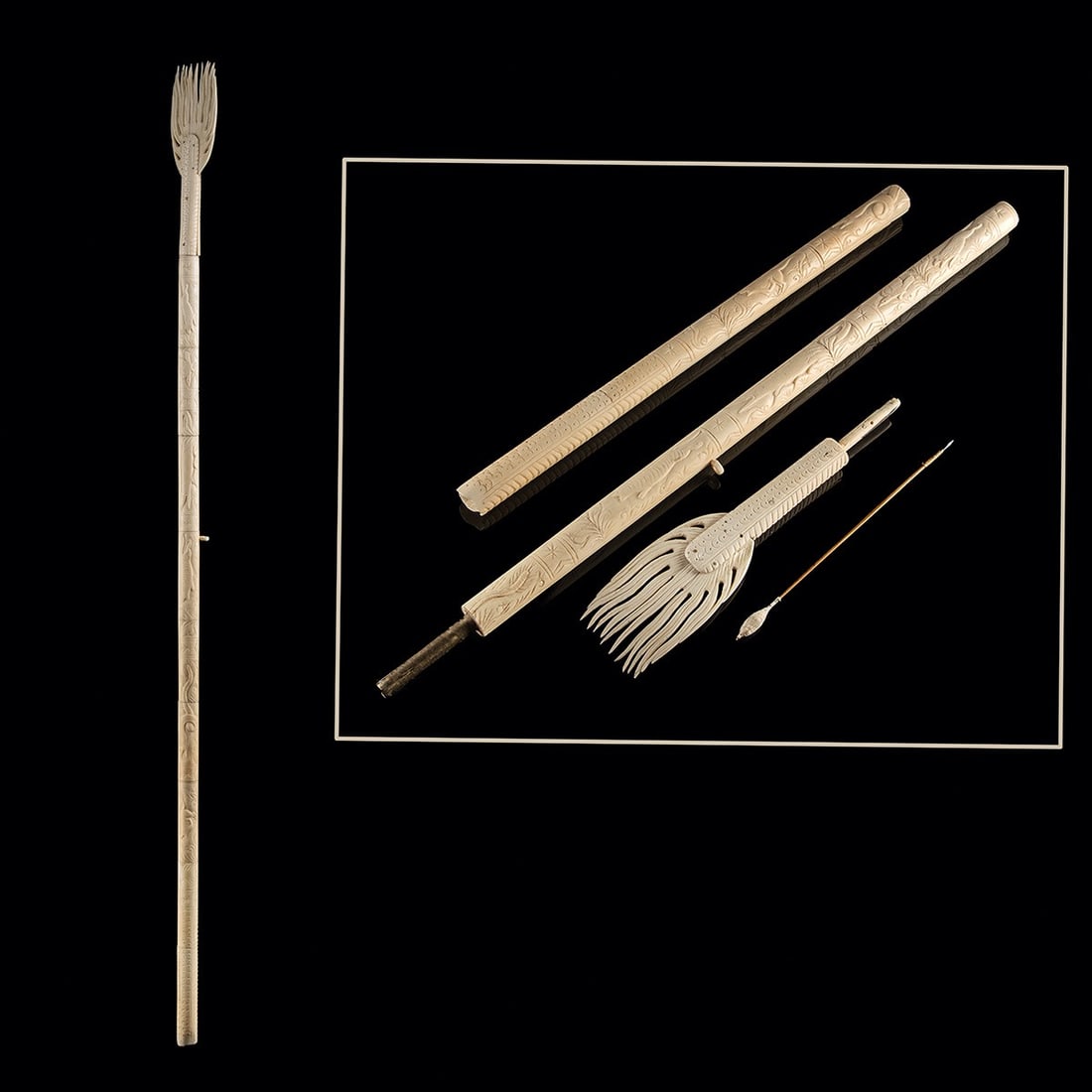 Indonesian Carved Bone Blowgun - Dragon with Animal Carvings: Southeast Asia, Indonesia, Borneo, ca. mid- 20th century CE. A blowgun of bovid bone carved as a dragon, one end with feathered tail fins. The cylindrical shaft is incised with overlapping scales and 