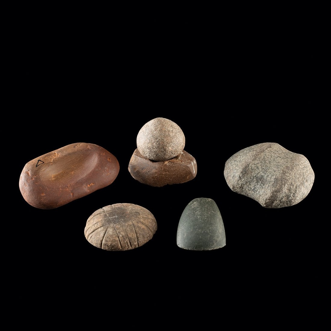 6 Archaic to Woodland Stone Tools - Nutting Stones, Axe Heads, Grinder, & Discoidal (1 of 2)