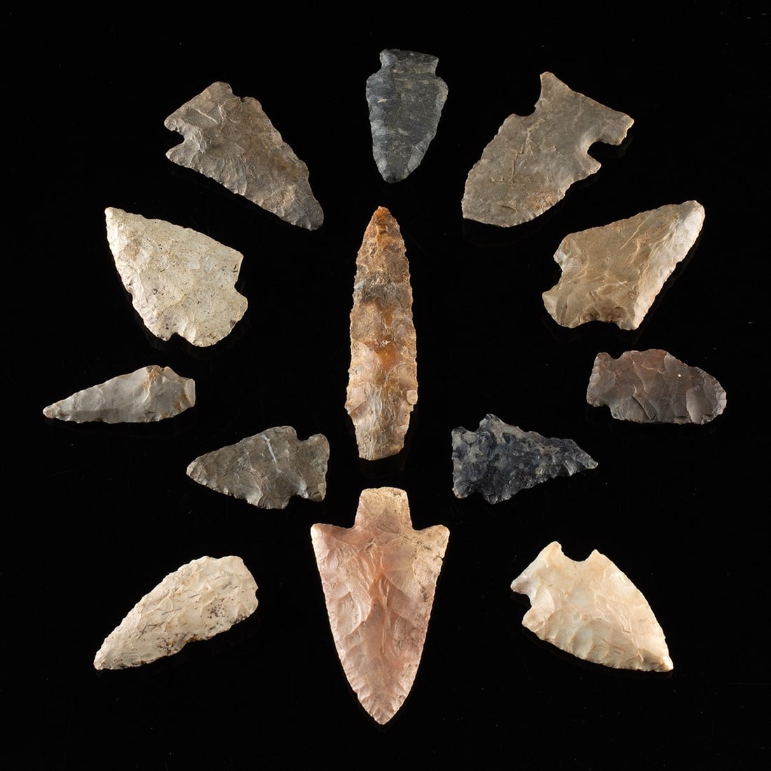 13 Native American Archaic Knapped Chert Arrowheads (1 of 1)