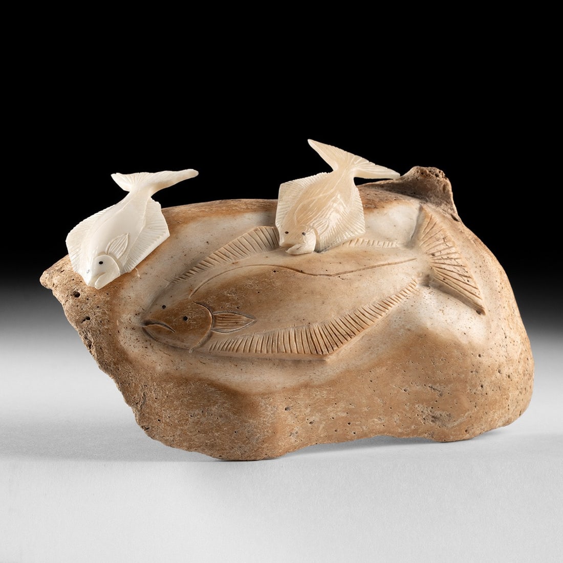 Dennis H. Pungowiyi Yupik Whale Bone Carving, Halibut Trio (1 of 4)