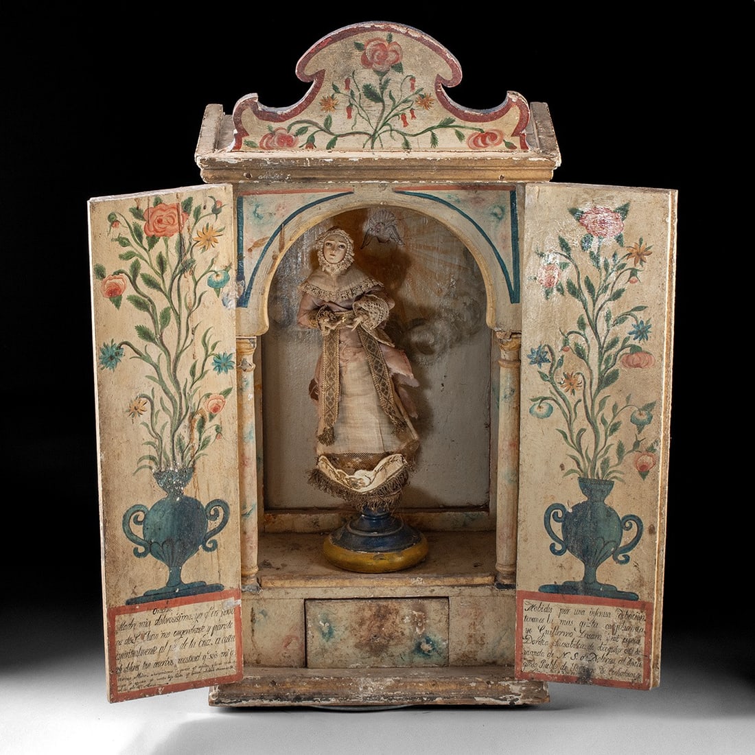19th C. Peruvian Painted Wood Demanda Shrine - Virgin of Sorrows, Dated 1857: Latin America, Peru, Lima, Santiago de Cochahuayco, Republican era, 1857 CE. A Peruvian demanda, a portable devotional shrine of painted wood whose hinged doors open to reveal a standing Virgin of Sor