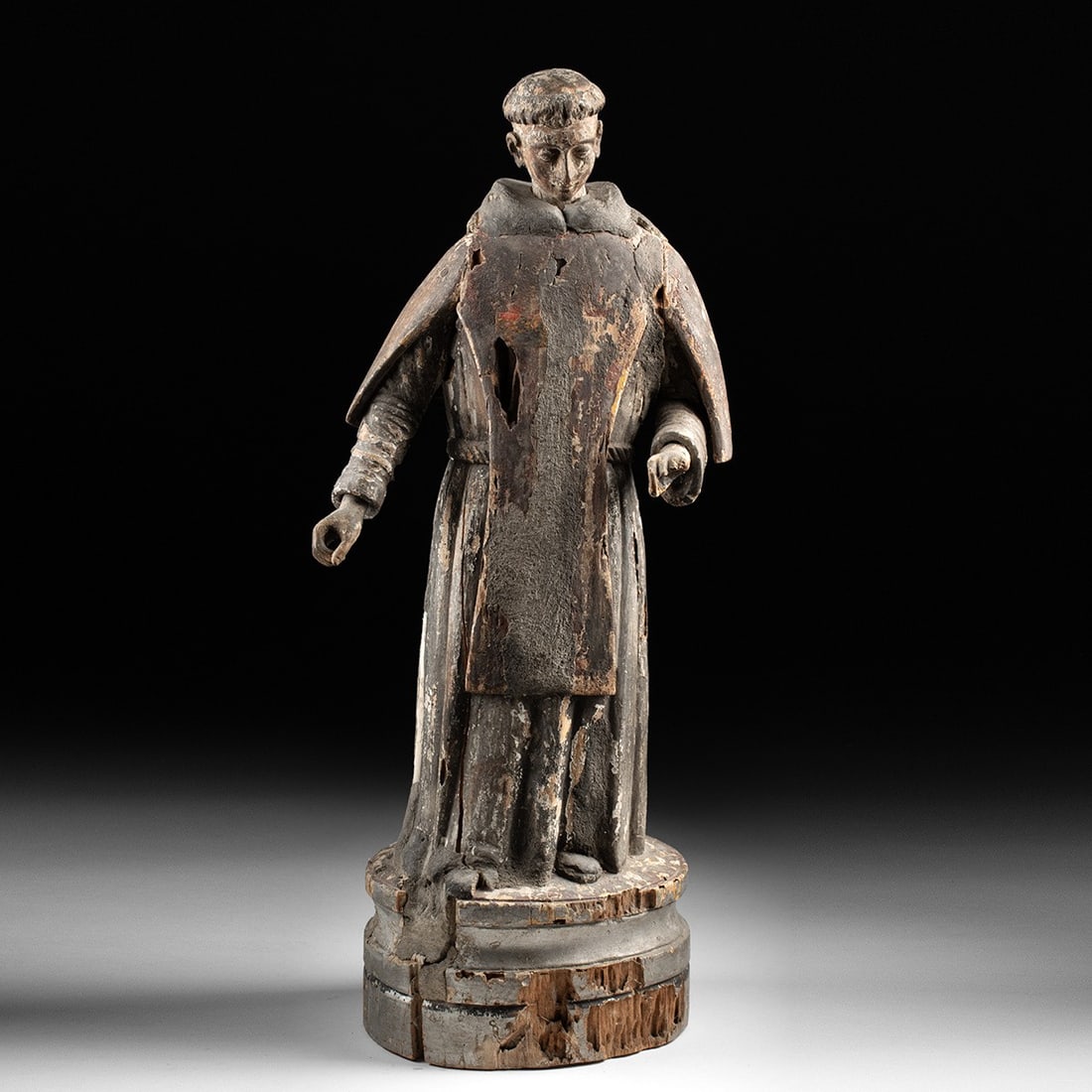 19th C. Spanish Colonial Polychrome Wood Santo - Tonsured Friar-Saint (1 of 4)