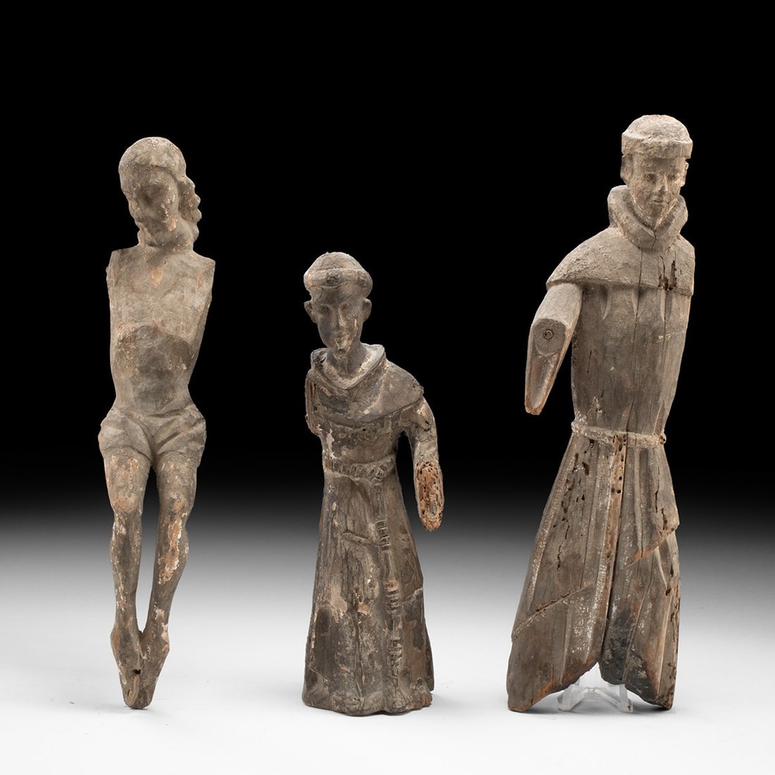 19th C. Spanish Colonial Carved Wood Santos - Corpus Christi & Two Friars (1 of 2)