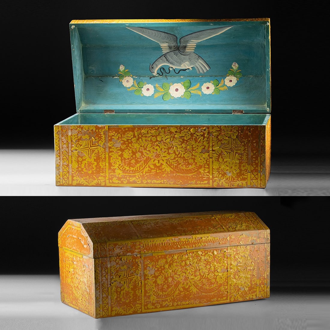 19th C. Mexican Folk Art Painted Trunk w/ Eagle & Serpent: North America, Mexico, Spanish Colonial tradition, ca. 1800–1899 CE. A dome-top wooden trunk sheathed entirely in painted ornament, its ground a deep marigold orange over which bright yellow fol