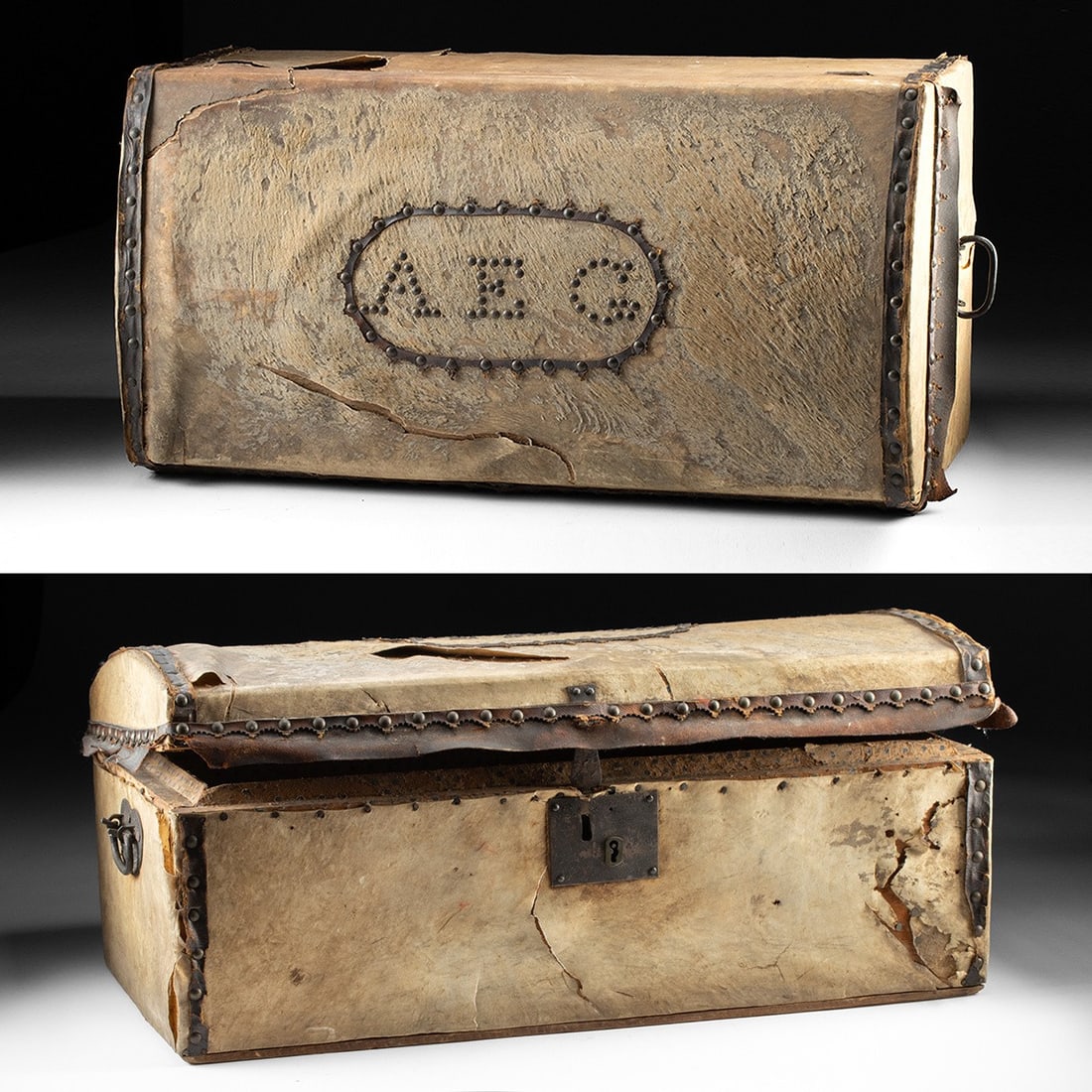 19th C. American Hide & Wood Stagecoach Trunk - AEG Brass-Stud Monogram (1 of 3)