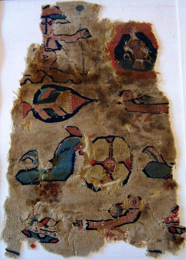 Lg Egyptian Coptic Polychrome Textile Fragment: Egypt, Coptic Period, Ca. 200-500 CE. Large textile fragment depicts a multi-color human figure, along with birds and geometric elements. Some loss, tattering and repair. Mounted in an old frame. Frag