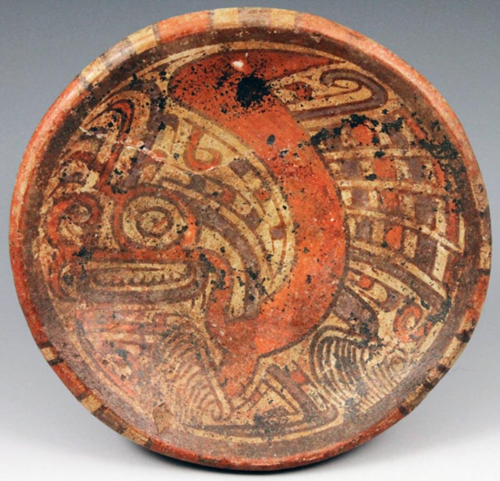 Panamanian Coclé Polychrome Fruitera: From the ancient Coclé region of Pre-Columbian Panama, ca 800 - 1000 CE. This desirable type features profuse painted decoration on all sides, featuring red, purple, black and white/cream pigments. T