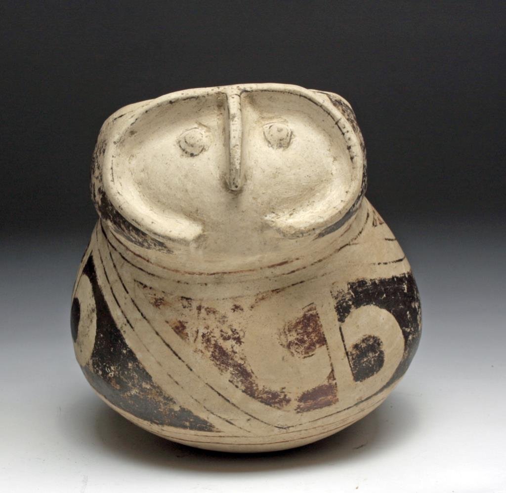 Casas Grandes Polychrome Bird / Owl Vessel: Northwestern Mexico, ca. 1250-1475 CE. This fine buffware bird effigy pot was created by the Paquime or Casas Grandes (Spanish for Great Houses as they are known for developing multistoried dwellings)