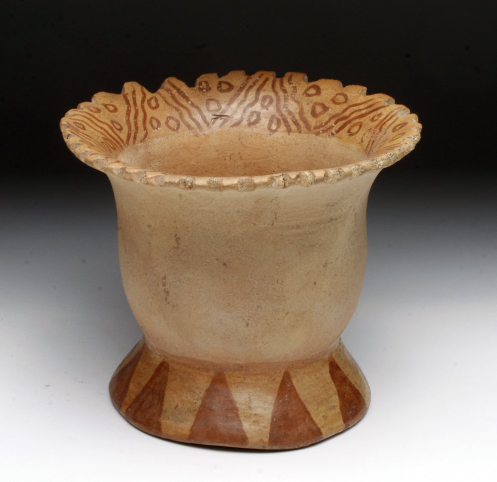 Moche Bi-Chrome Venus Jar, Flared Rim: Pre-Columbian Northern Peru, ca. 4th c CE. Moche skilled ceramicists created a wide variety of decorated vessels. This bi-chrome flared pottery jar, alternatively called a venus jar or florero, is sli