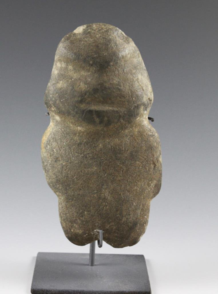 Pre-Columbian Mezcala Stone Figure #1: From ancient Mexico, circa 300 B.C. - 300 A.D. Measures approximately 5" tall by about 2 3/4" wide (un-mounted, item alone), and about 6" tall mounted on metal display stand. This example exhibits the