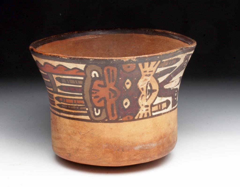 Pre-Columbian Nazca Polychrome Olla: Southern Peru, Nazca, Ca 200 to 400 CE. Aesthetically appealing for its hand-built, remarkably thin pottery walls adorned with striking painting of floating shaman in red, brown, black, grey, and whit