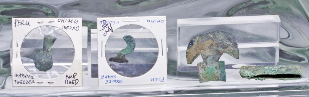 Ancient Peruvian Copper Lot (4 pcs): Pre-Columbian, North Coast Peru, Chimu, ca. 600-900 CE. The Chimu are known for their fine metalwork. This group of copper pieces includes works that are both utilitarian and aesthetically appealing. 