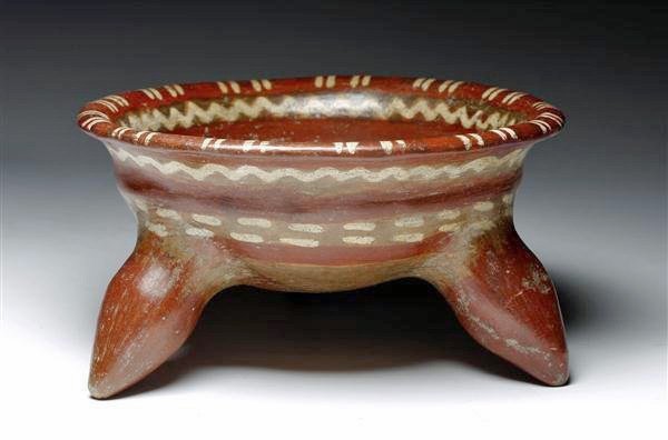 Michoacan Polychrome Tripod Vessel: Pre-Columbian, Michoacan, Mexico, ca 1200 to 500 BCE. Beautiful three-legged polychrome pottery vessel decorated by geometric and linear designs, each leg hollow with a small hole at top near the body