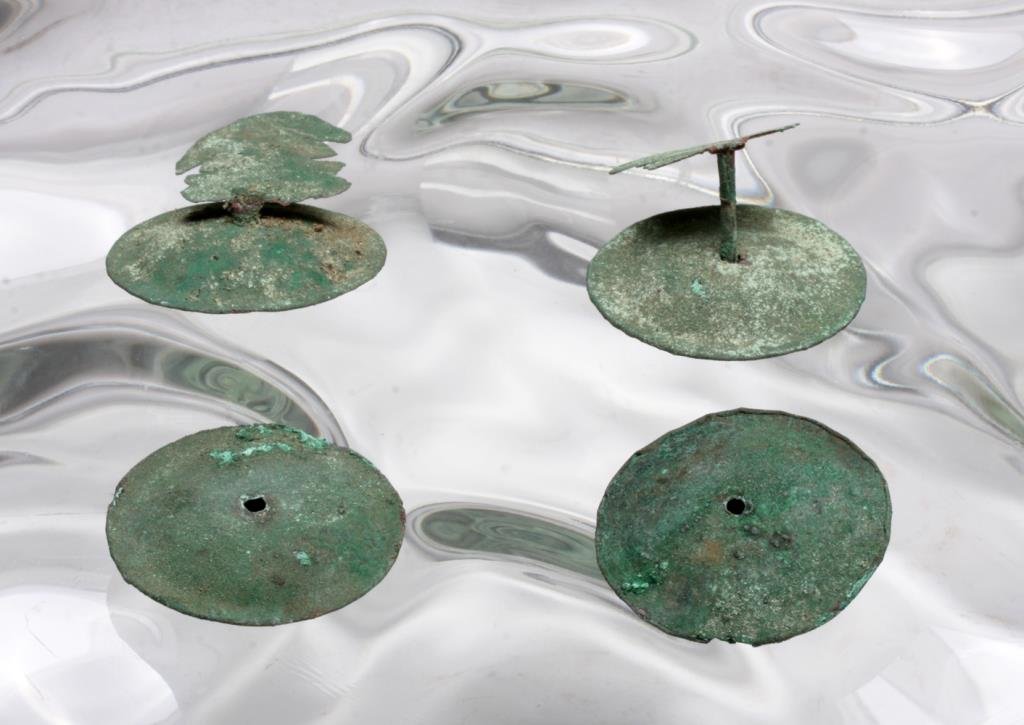 Lot of 4 Peruvian Copper Ear Spools (2 pair): Pre-Columbian, likely Inca, ca. 1000-1500 CE. Two pairs of hammered copper ear spools. One pair has zoomorphic ornaments, perhaps birds or frogs, attached. Gorgeous blue-green patina. 1-3/4" to 1-5/8"