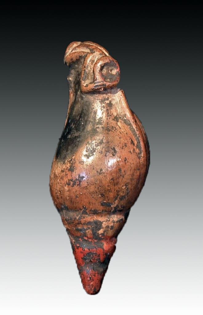 Pre-Columbian Narino Shell Form Ocarina - Monkeys: Narino culture, ca. 1000-1500 CE. Terracotta musical piece features very fine detail to the monkey showing faces, hands with fingers, limbs and tails. Graceful design, deep red to tip of shell effigy.
