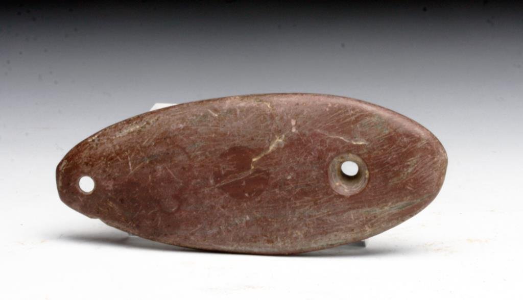 Native American Mississippian Stone Gorget: Mississippi River Valley / Tennessee River Valley, North America, ca. 800-1500 CE. The majority of Native American gorgets are carved from shells. Less common are gorgets created from turtle shells an
