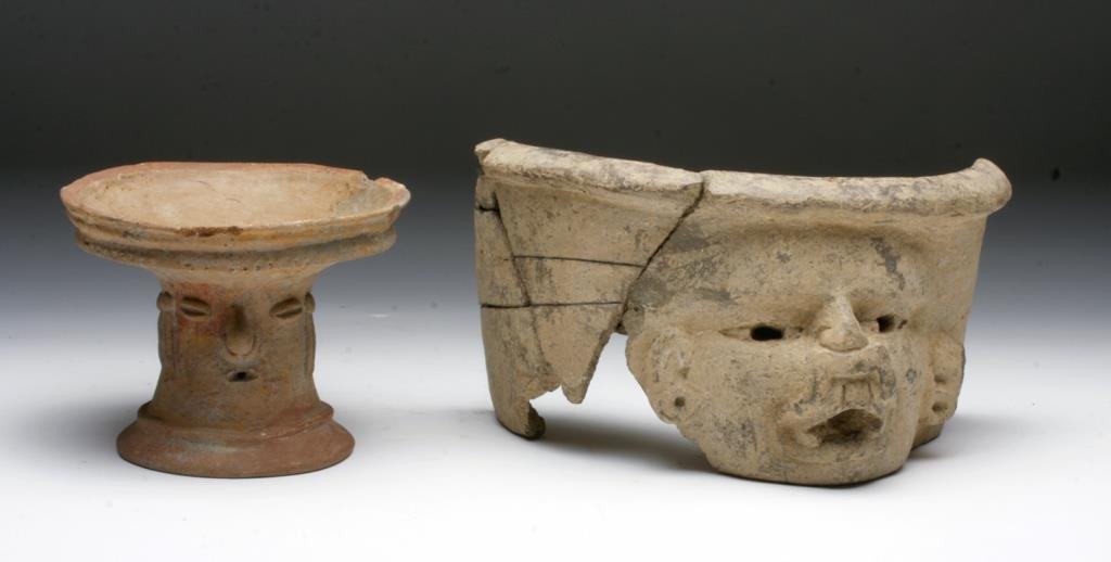 Lot of 2 Mayan Artifacts: Pedestal Bowl with Lord Base: Pre-Columbian, Mayan territories, ca. 600 to 900 CE. The pedestal of this bowl features a Mayan lord or shaman with a pronounced, bulbous nose, closed coffee bean shaped eyes that suggest a trancelike