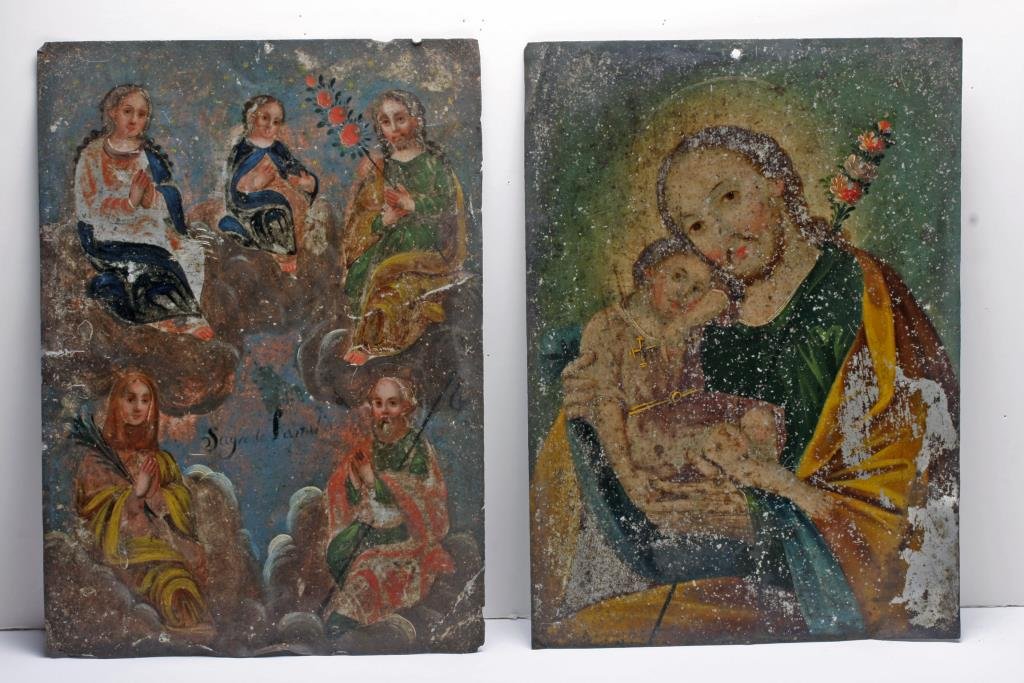 Lot of 2 Antique Mexican Retablos - Holy Family: Mexico, ca. 1800 CE. First one: A lovely antique Mexican retablo depicting the Holy Family in the Catholic tradition. Icons like these were placed above household altars to venerate the saints (retabl