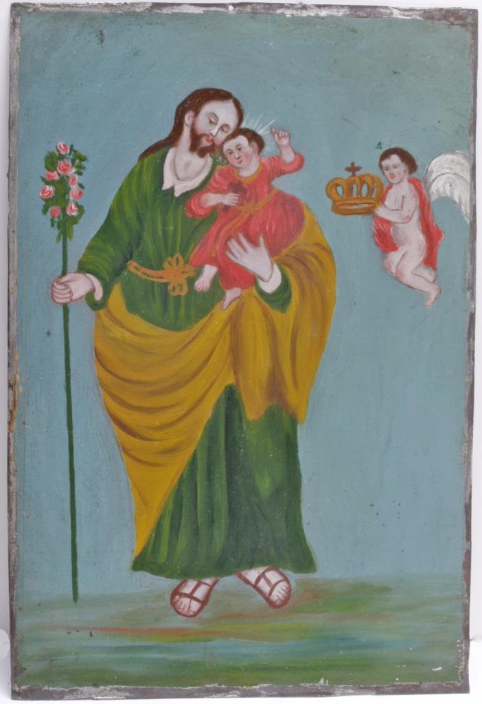 Antique Mexican Retablo - Saint Joseph with Christ: Mexico, ca. 1800 CE. A lovely antique Mexican retablo depicting St. Joseph with the Christ Child. Icons like these were placed above household altars to venerate the saints (retablo literally means "b