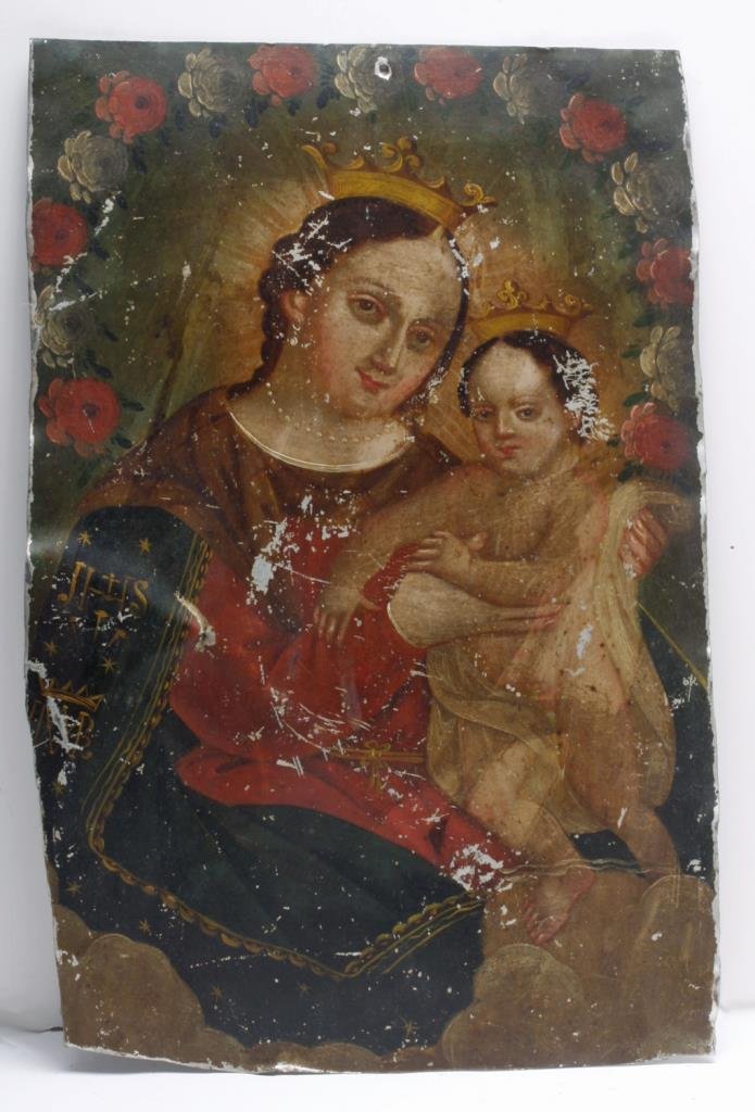 Antique Mexican Tin Retablo - Virgin and Child: Mexico, ca. 1800 CE. A colorful antique Mexican retablo depicting the Virgin Mary holding the Christ Child. Icons like these were placed above household altars to venerate the saints (retablo literall
