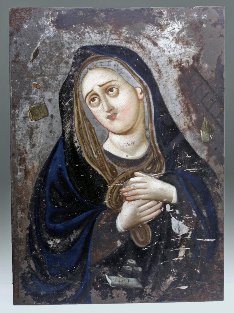 Antique Mexican Retablo - Our Lady of Sorrows: Mexico, ca. 1800 CE. An impressive antique Mexican retablo depicting the Virgin Mary experiencing one of the 7 Great Sorrows: the crucifixion of the Christ. Icons like these were placed above househol