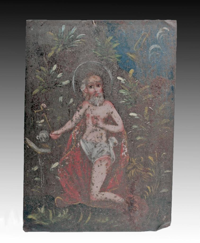 Old Mexican Retablo - St. Jerome: Mexico, ca. 1800 CE. Oil on tin. This retablo depicts St. Jerome, partially clothed and bloody, flagellating himself with a switch. He is surrounded by branches and leaves of some kind, probably to me