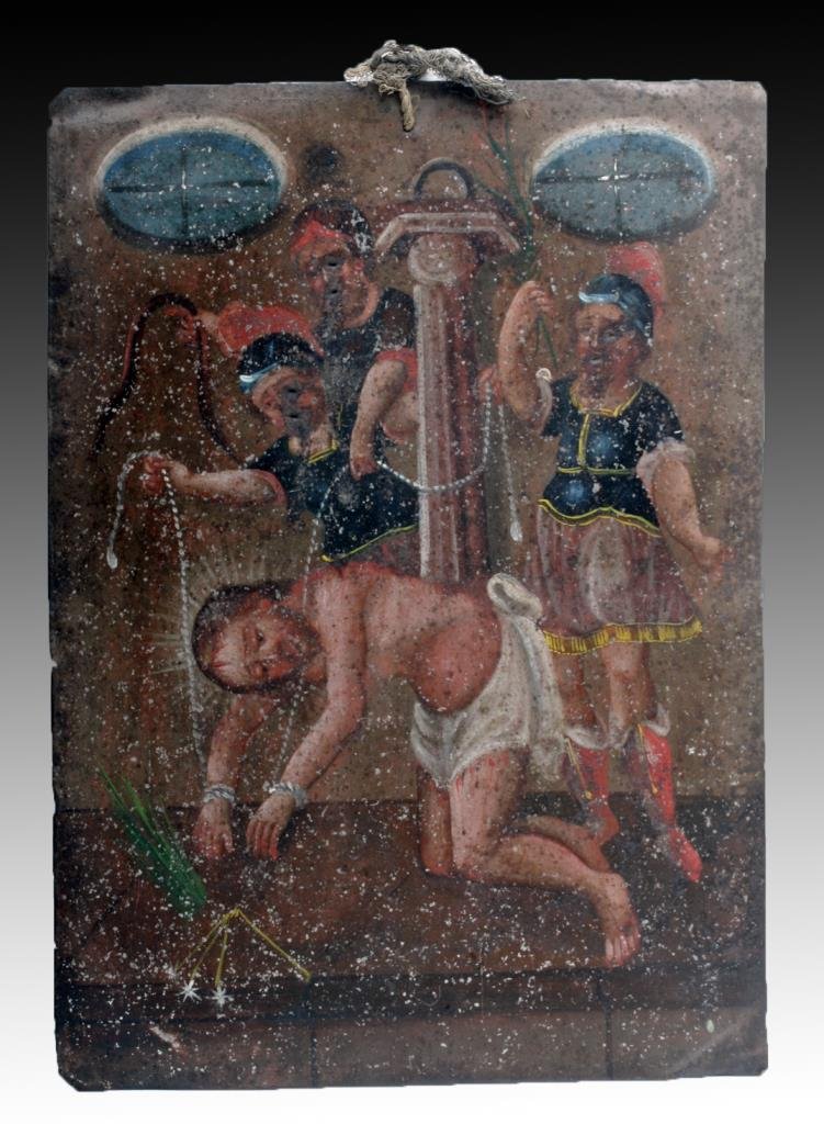 Antique Mexican Retablo - Flagellation of Christ: Mexico, ca. 1800 CE. A fine antique Mexican retablo depicting Roman soldiers scourging Jesus before his crucifixion. Icons like these were placed above household altars to venerate the saints (retablo